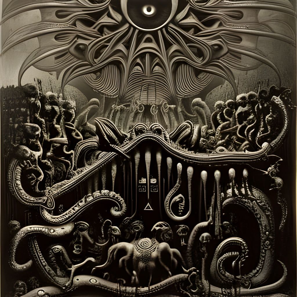 Cthulhu Horror Etching with Tentacles and Hieroglyphics
