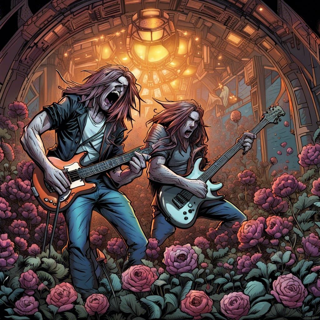 Metal Flowers Rocking on Stage in Comic Book Art