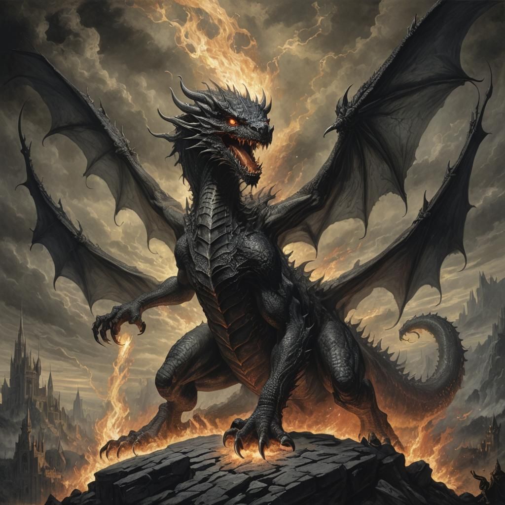Shadow Dragon Breathing Fire in Dark Fantasy Style