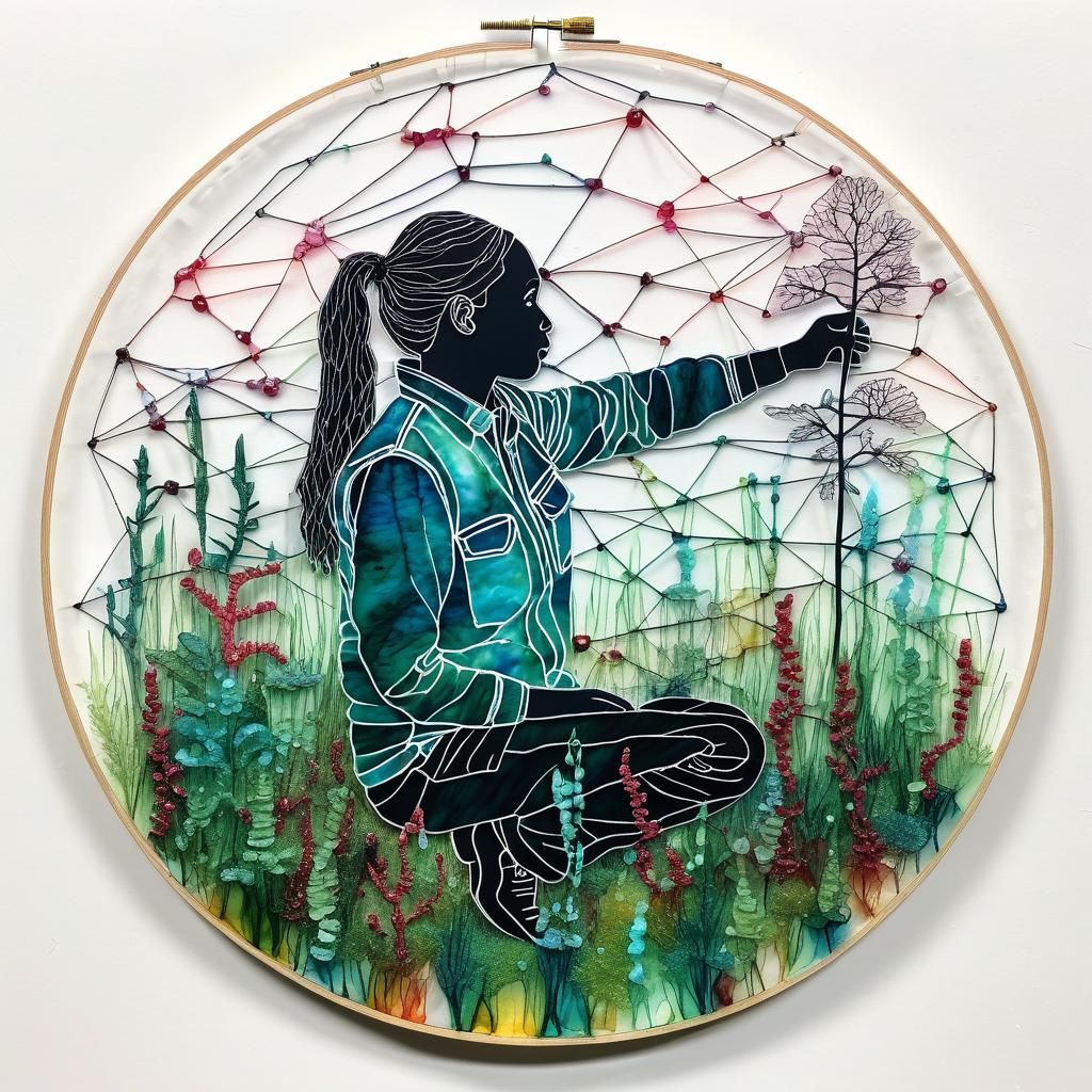 Field Biologist in String Art with Alcohol Inks