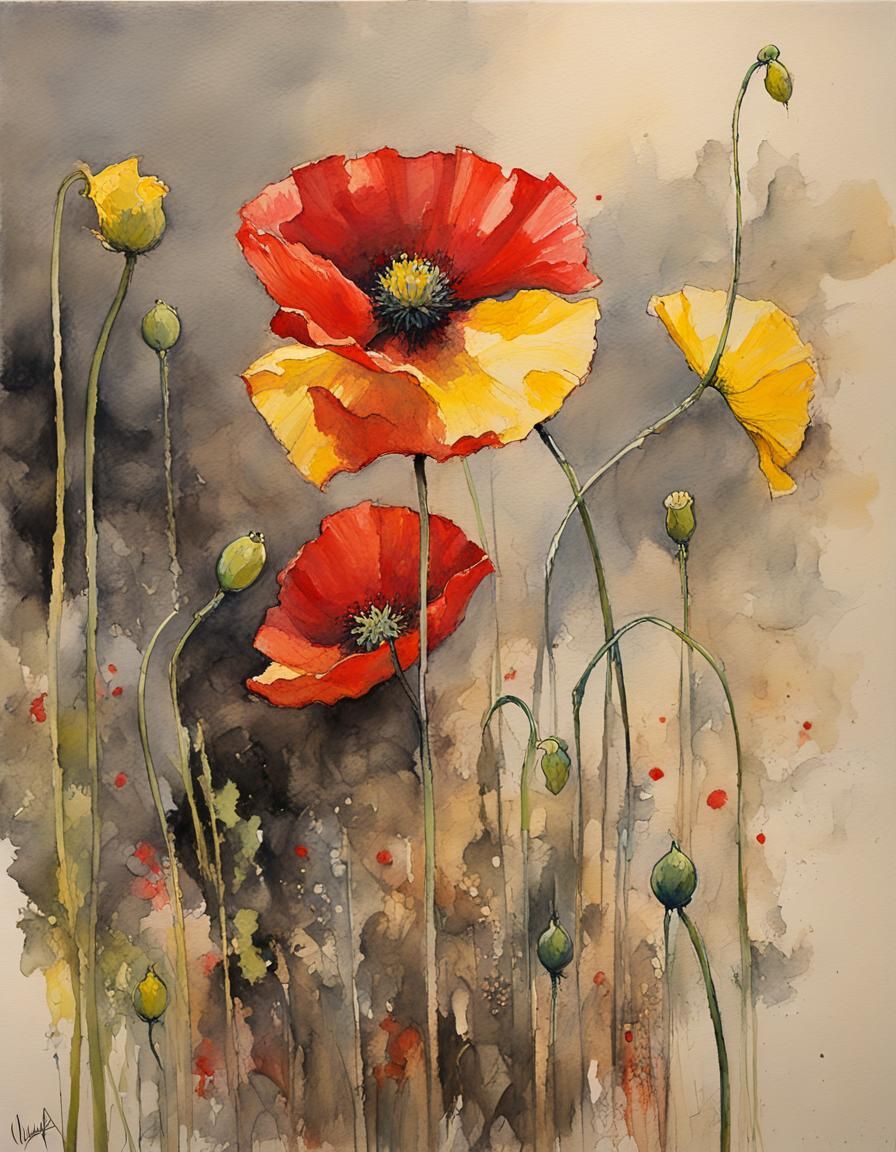 Red and Yellow Poppies Oil Painting
