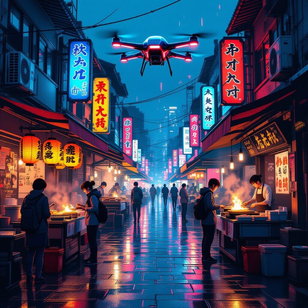 Vibrant Asian Night Market with Drone and Neon Glow