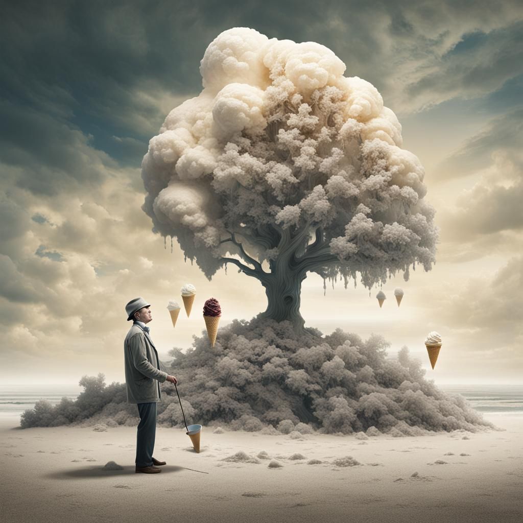 Surreal Beach Scene with Ice Cream, Airbrush Style