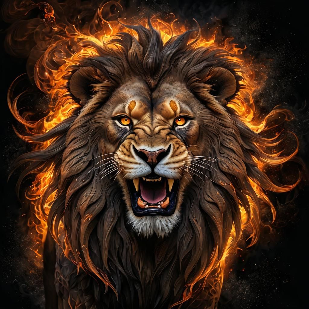 Fiery Fractal Lion Portrait on Black Background