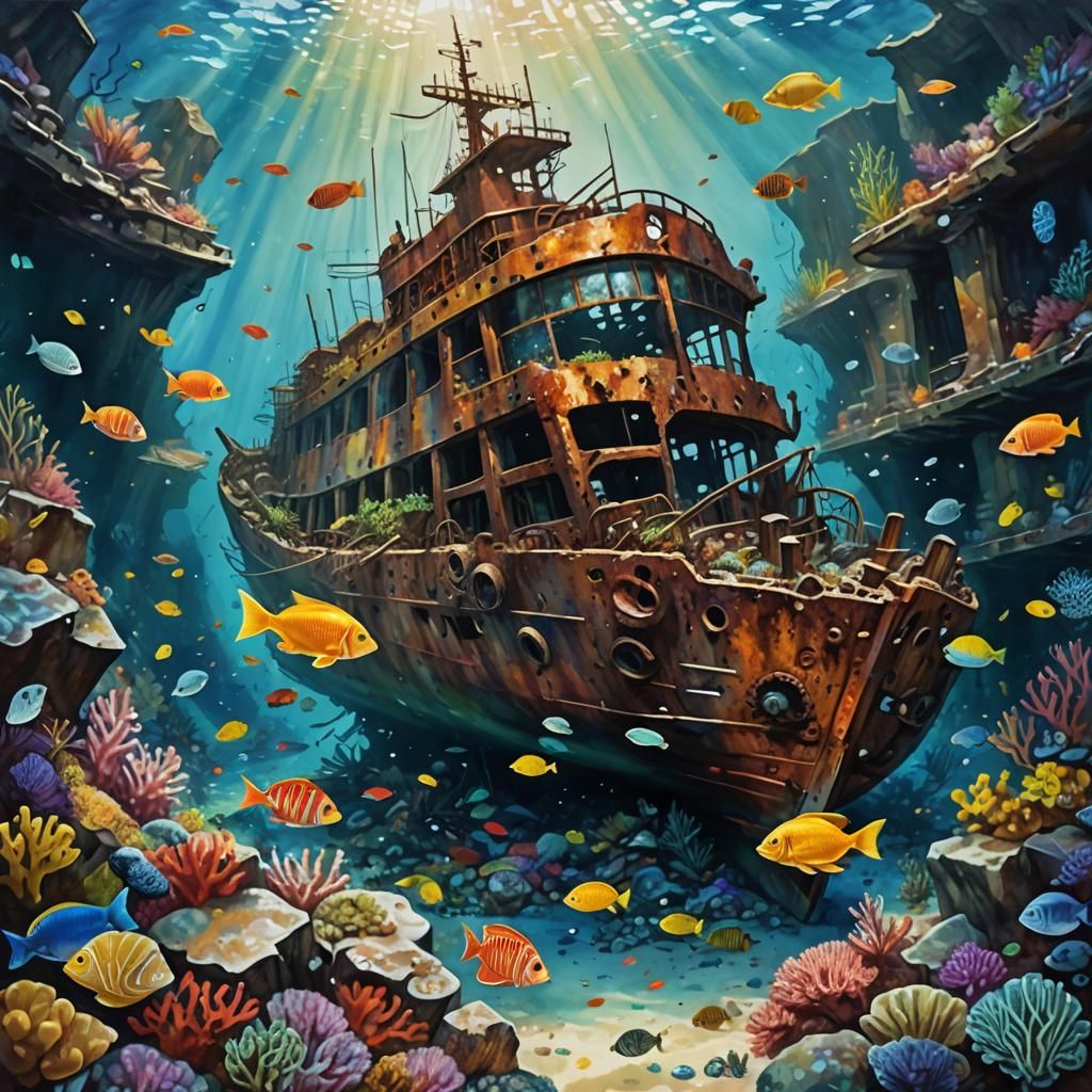 Underwater Shipwreck Acrylic Painting with Tropical Fish