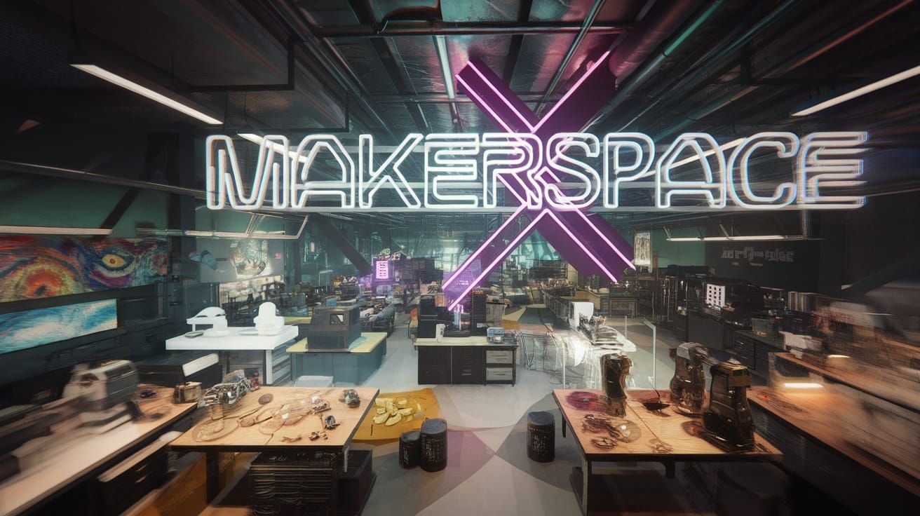 Cyberpunk Makerspace with Neon Logo and 3D Printers