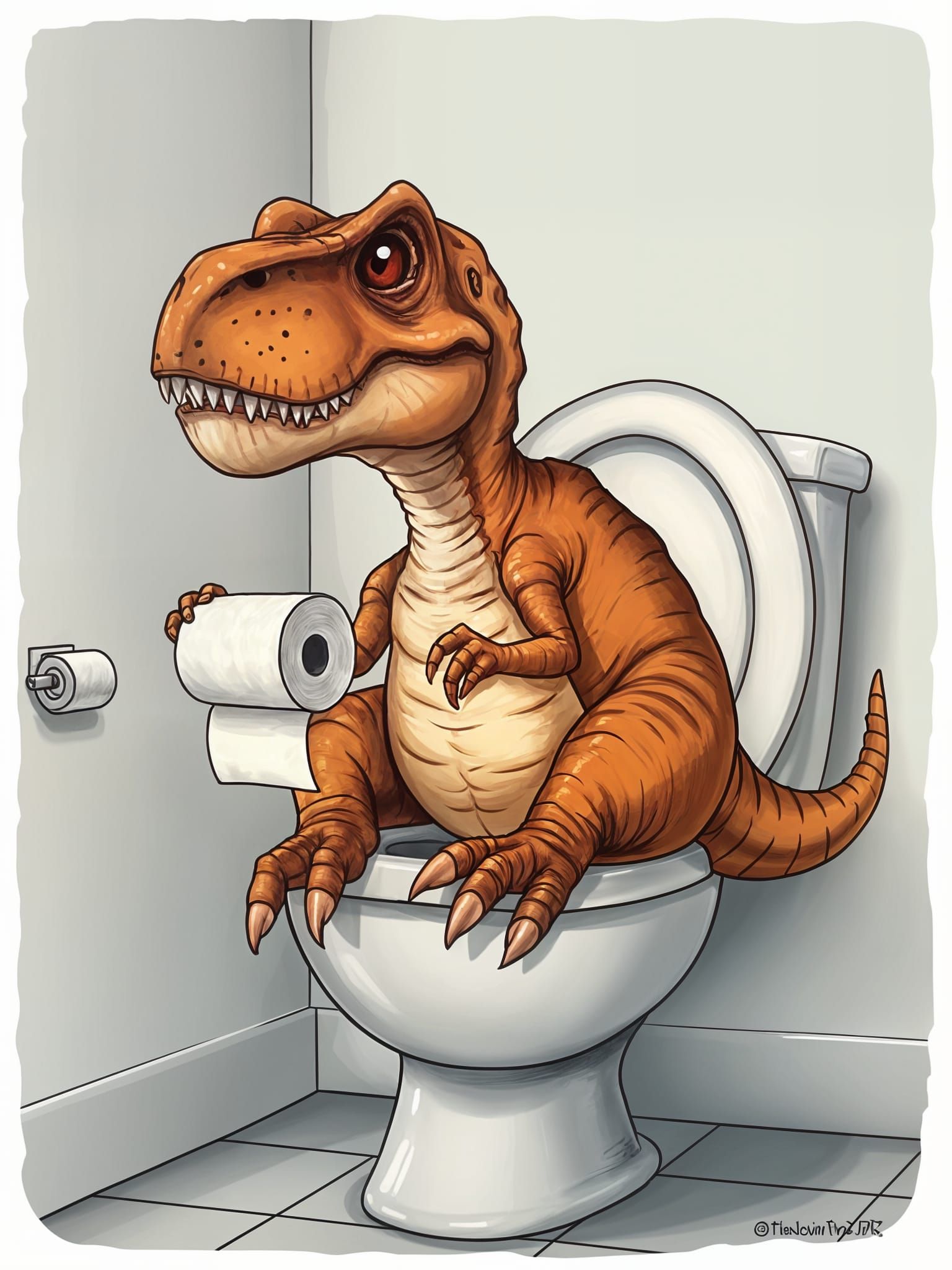 Sad T-Rex on Toilet with Short Arms