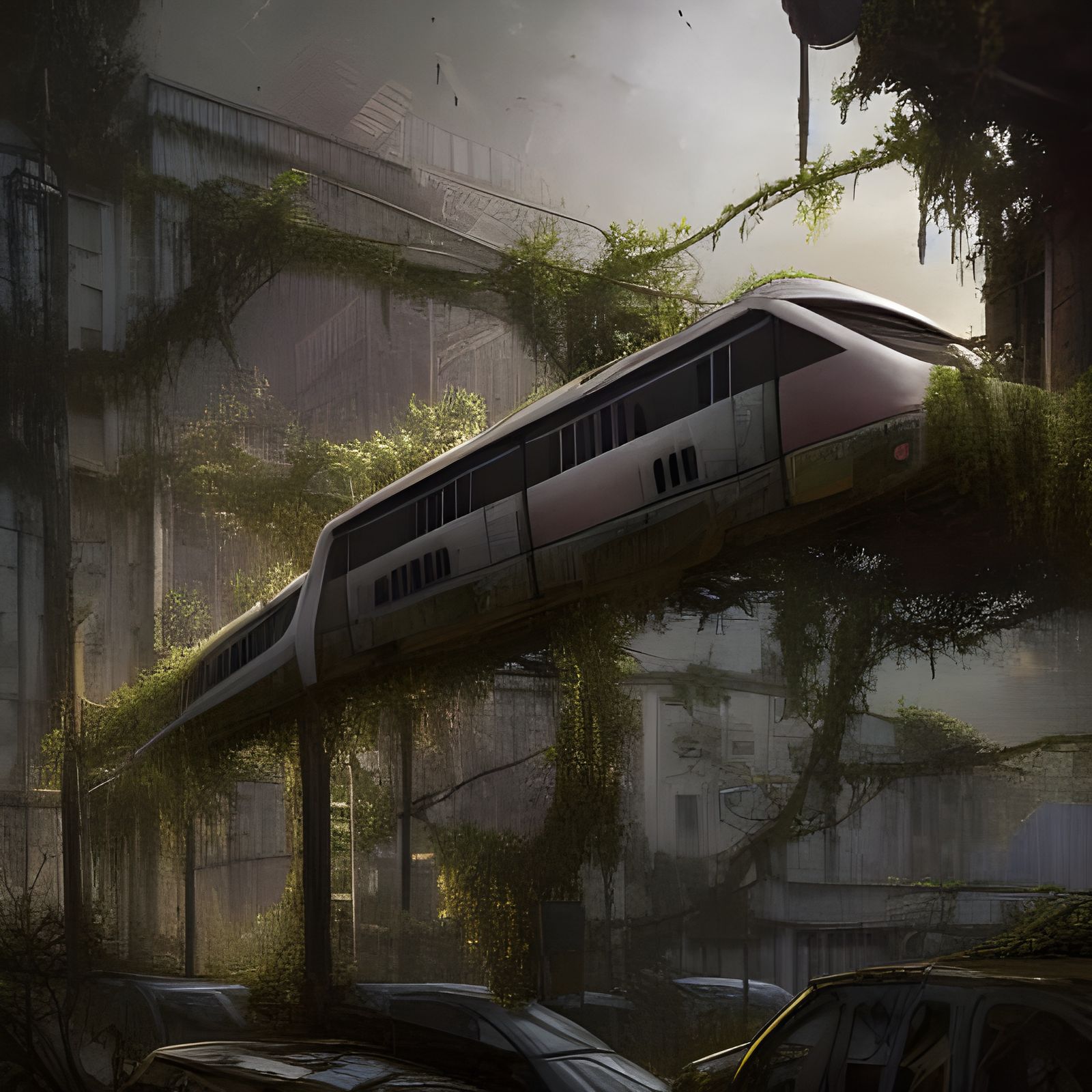 Post-Apocalyptic Overgrown City with Wrecked Monorail