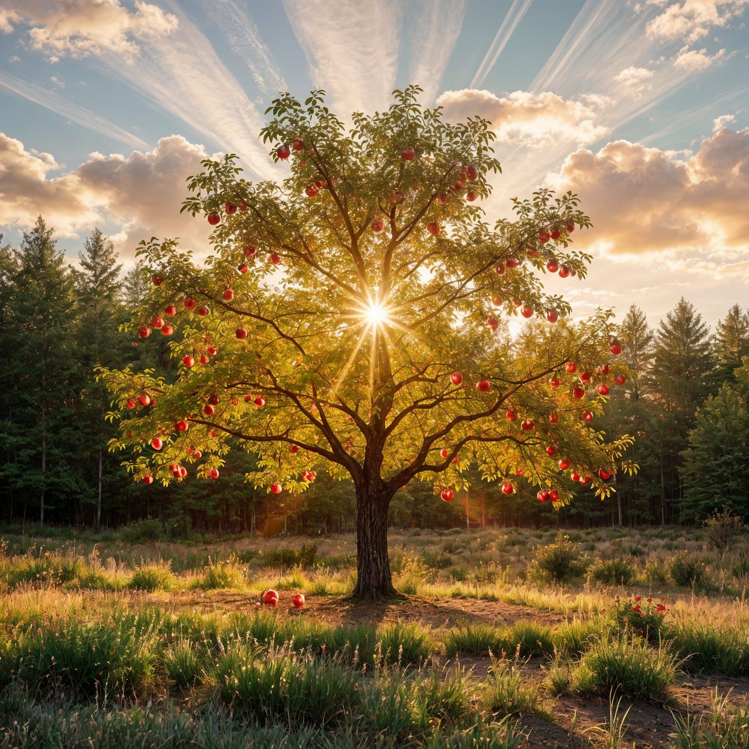Golden Tree with Glowing Apples in Sunlit Woods