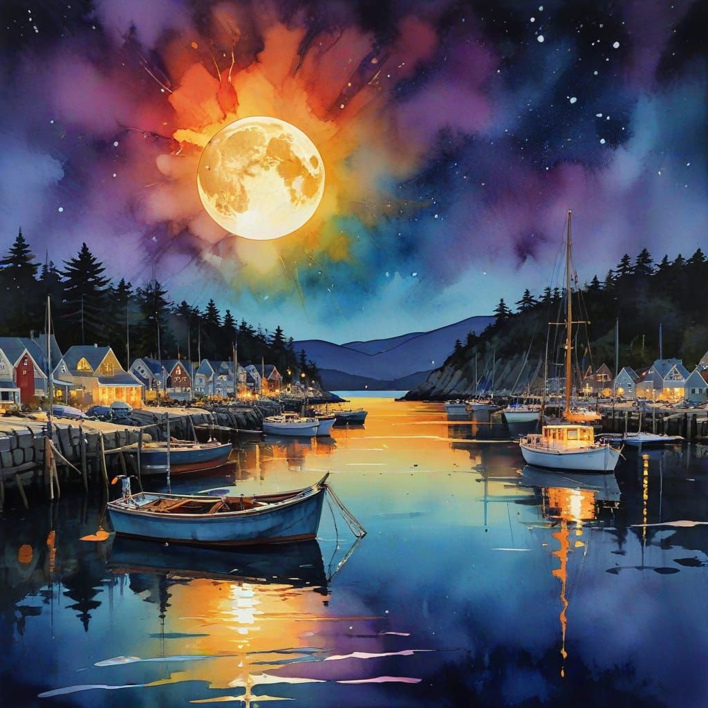 Dreamy Maine Marina Scene Under Full Moon
