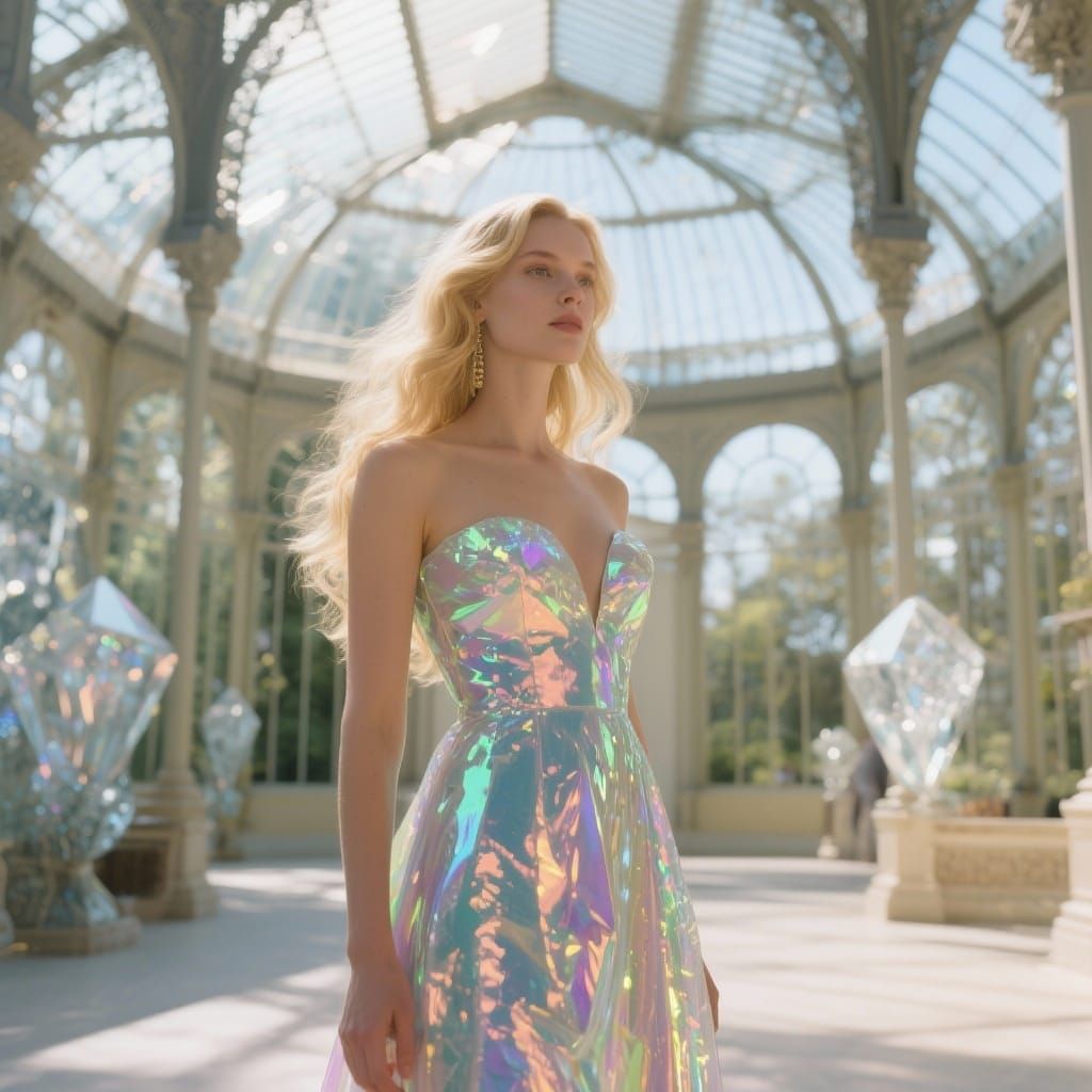 Blonde Woman in Prismatic Dress at Crystal Palace