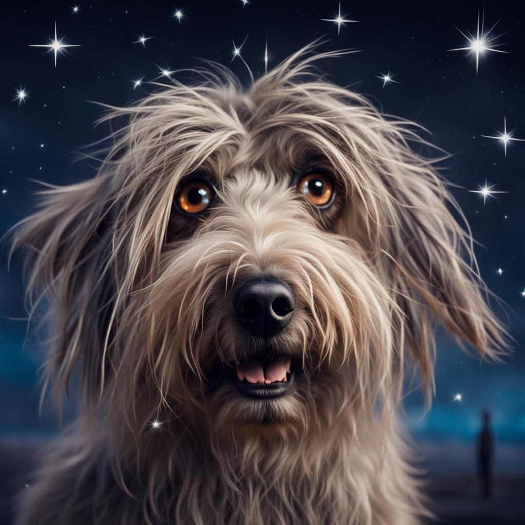 Funny Shaggy Dog Portrait with Shooting Stars