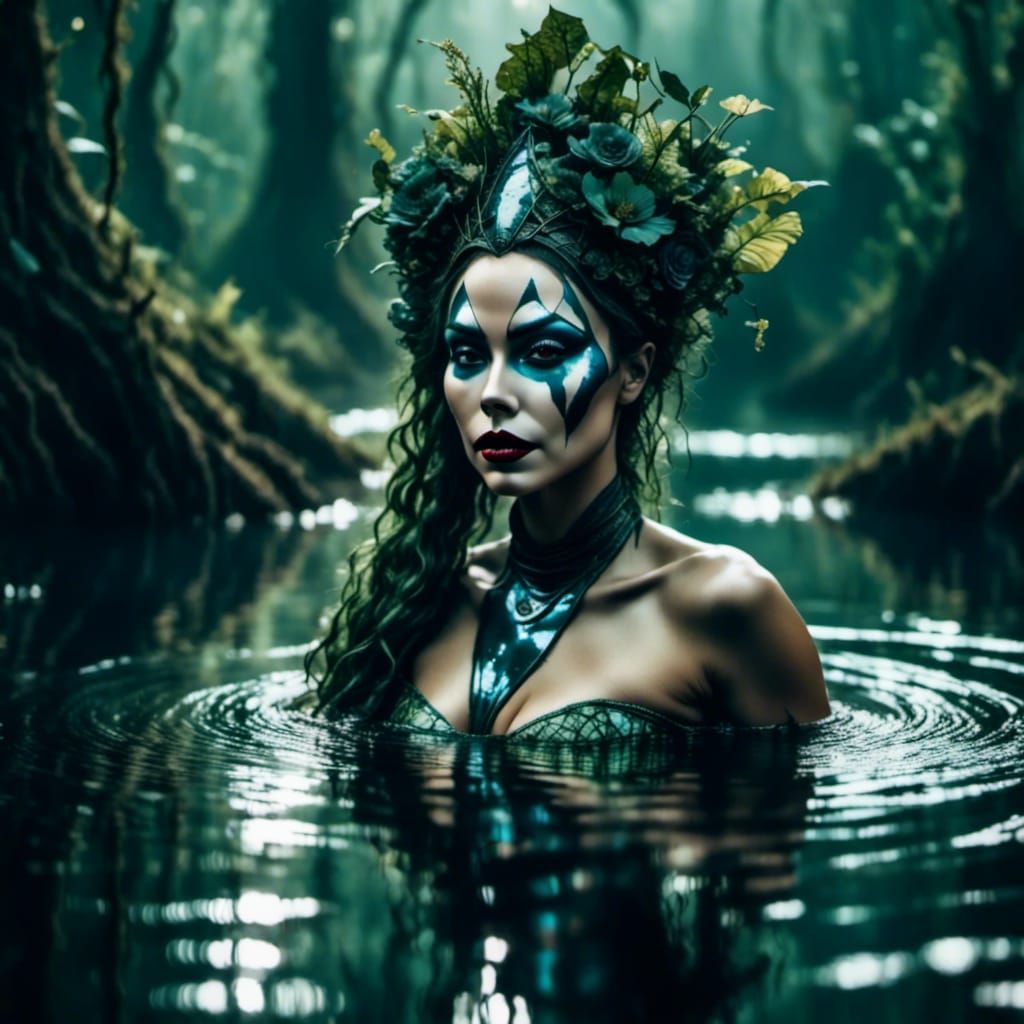 Cyborg Woman in Swamp with Holographic Accents