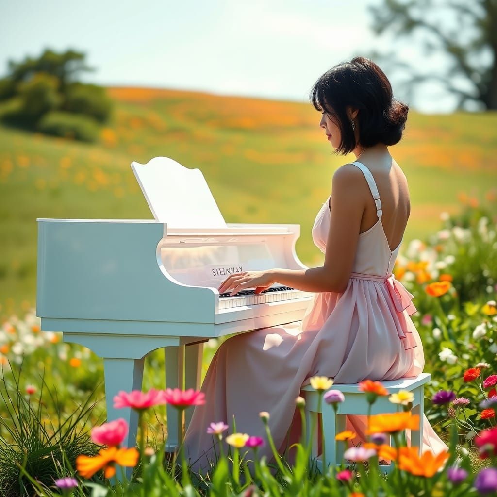 Elegant Woman Plays Grand Piano Under Vibrant Summer Blooms