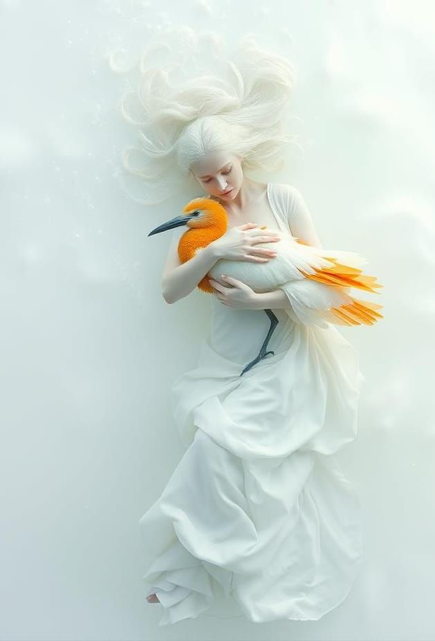 Ethereal Woman with Bird in Water, Visionary Art