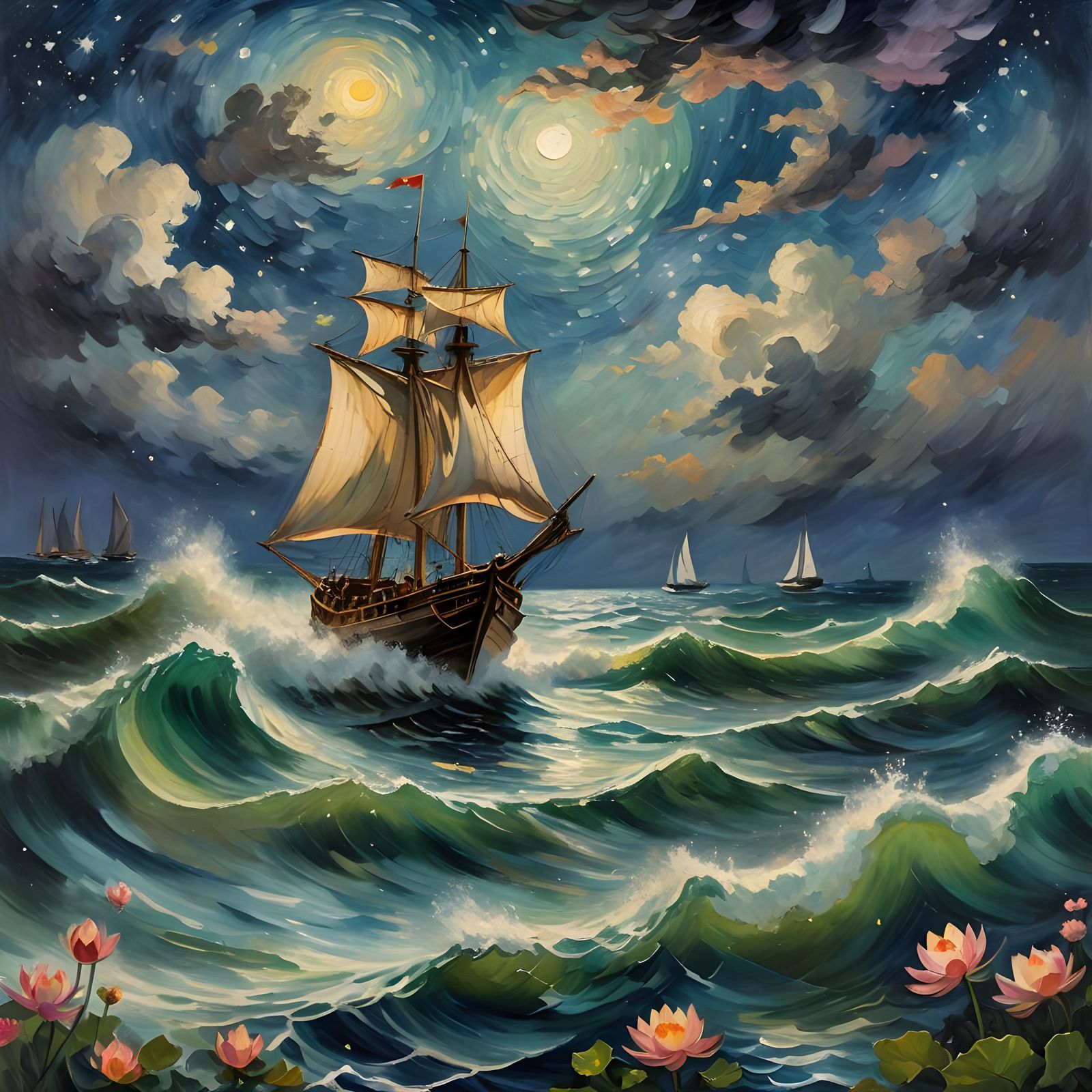 Dramatic Landscape Painting with Sailing Boat and Starry Nig...