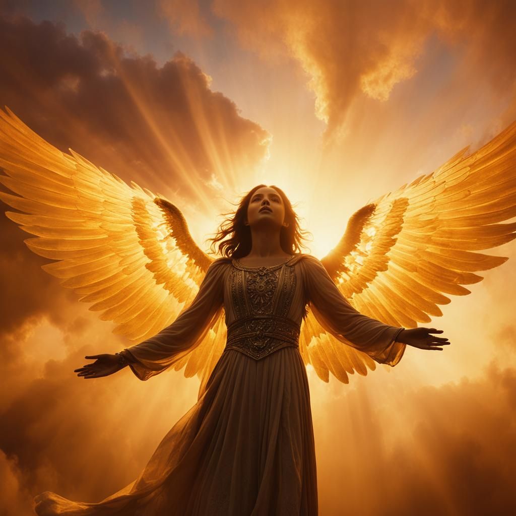 Radiant Angel Ascends in Golden Hour Sky