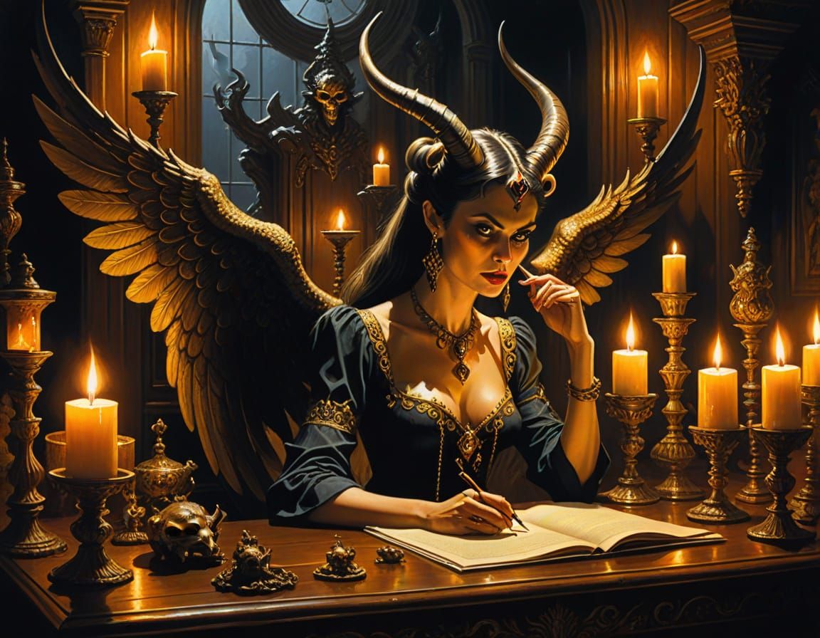 Dark Fantasy Receptionist in Vibrant Oil Painting