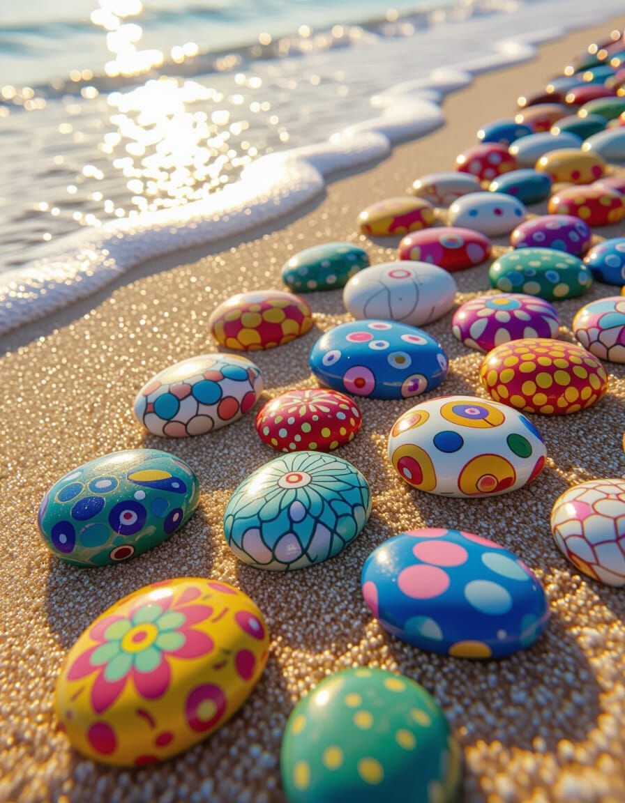 Colorful Stones on Beach in Pop Surrealist Style
