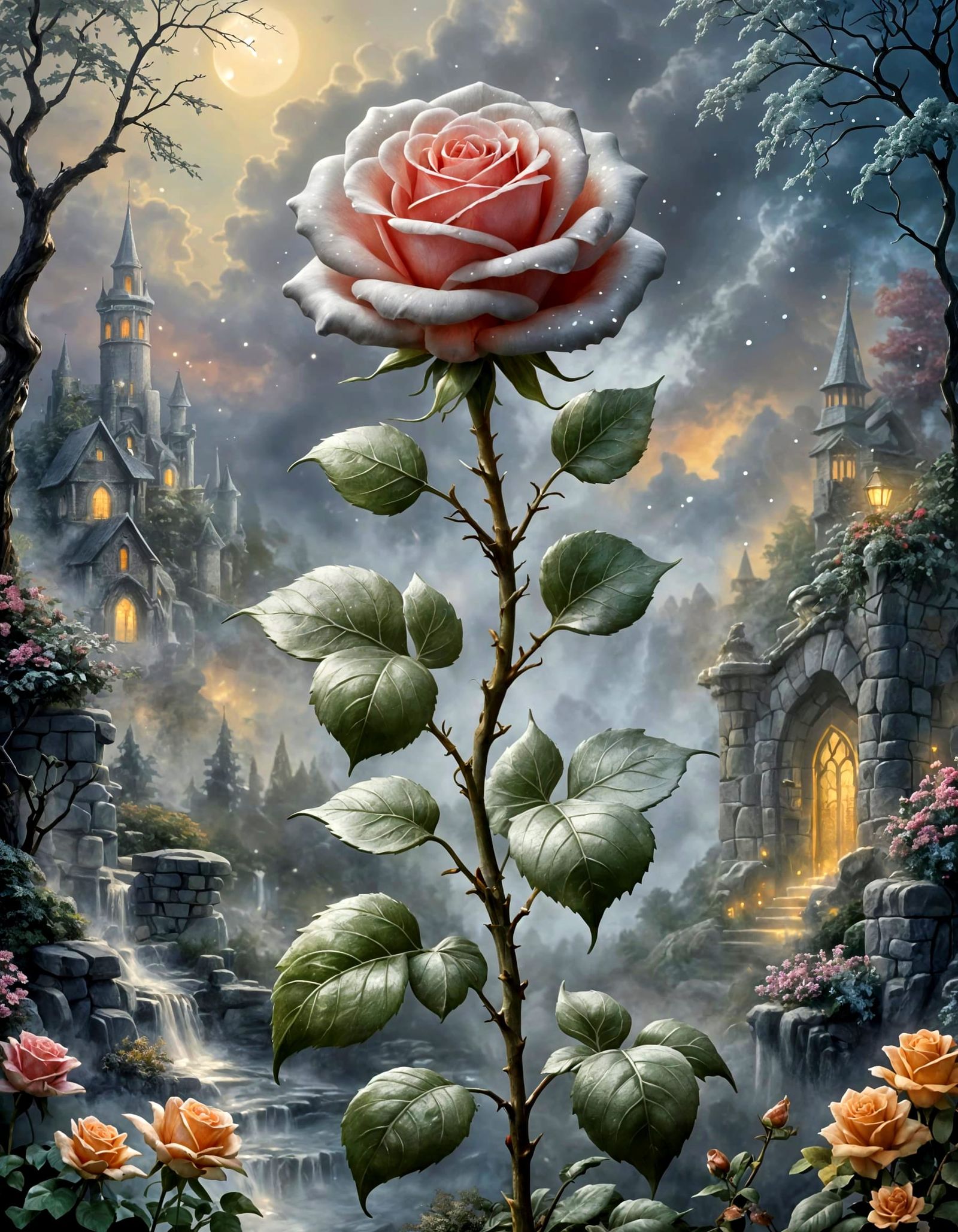 Soapstone Rose with Silver Background in Fantasy Style
