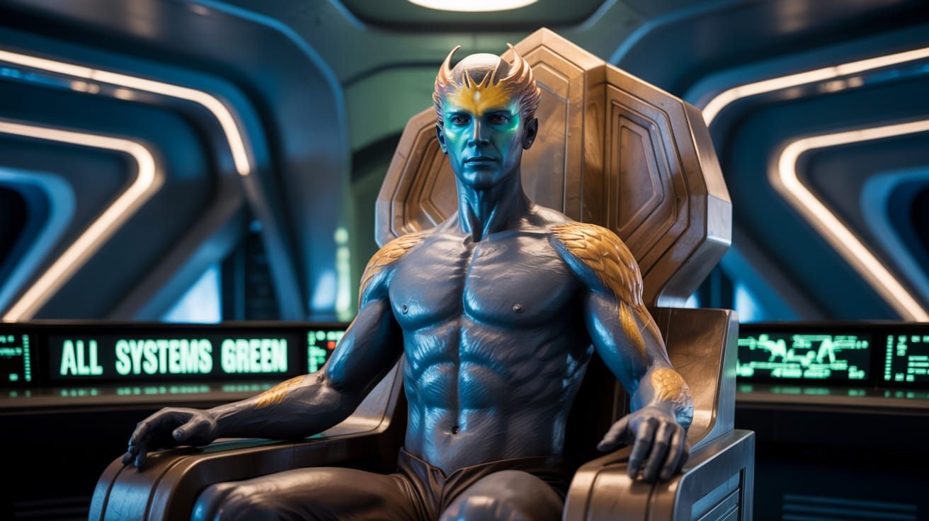 Holographic Alien-Human Hybrid Captain Commands Starship