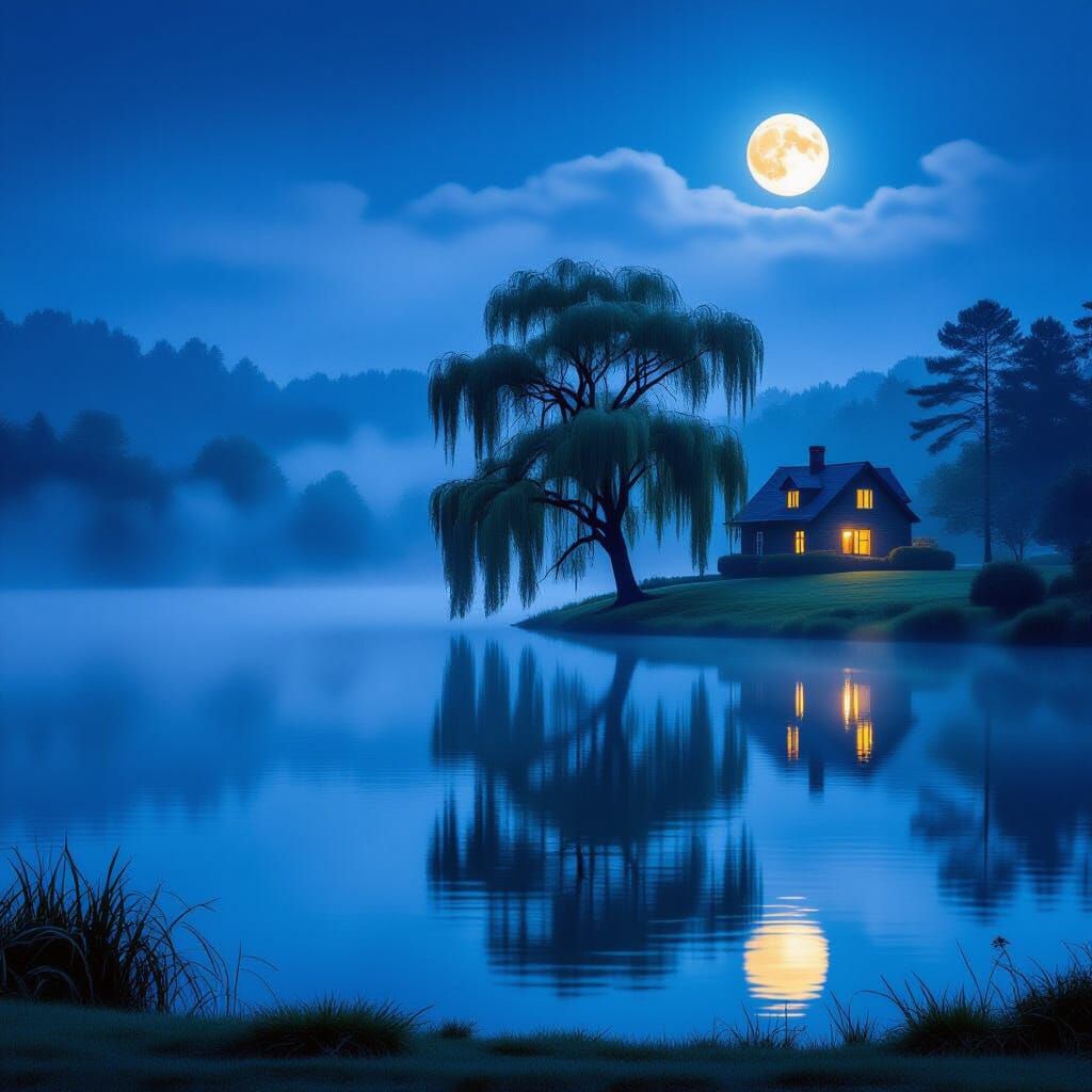 Misty Lake Landscape at Night in Golden Age Illustration