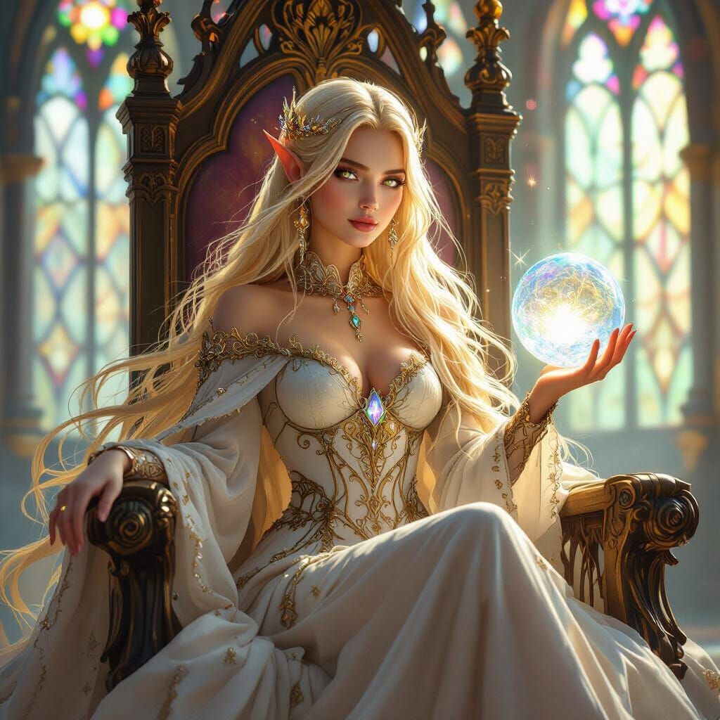 Elven Queen on Gothic Throne with Crystal Ball