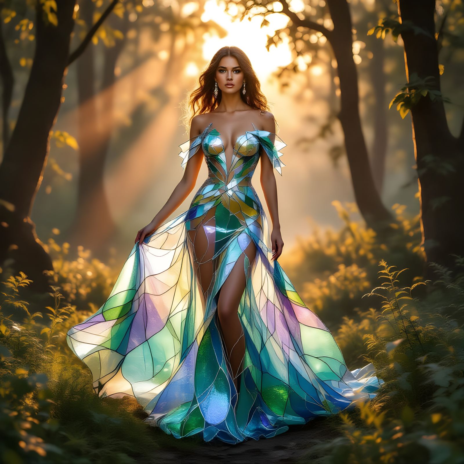 Ethereal Woman in Glass Gown in Enchanted Forest