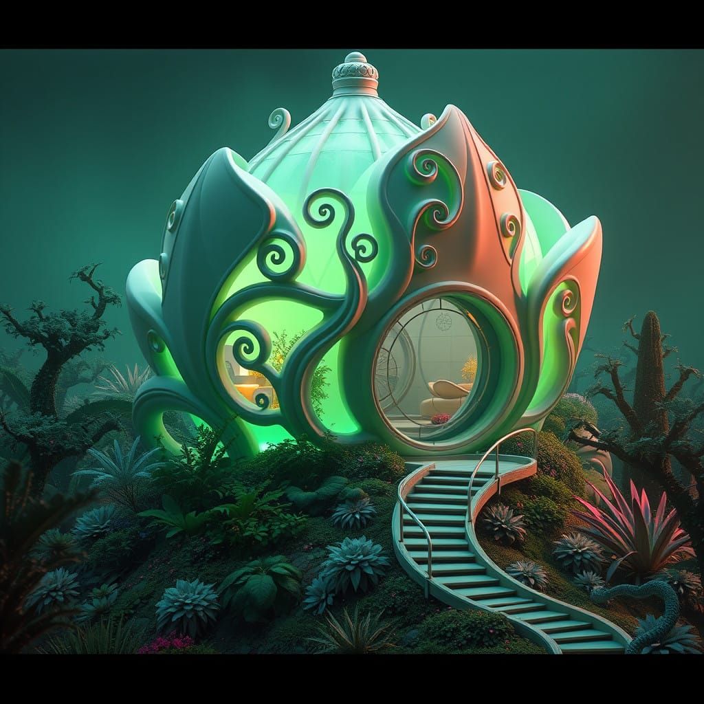 Futuristic Flower House in Vibrant Green Hues