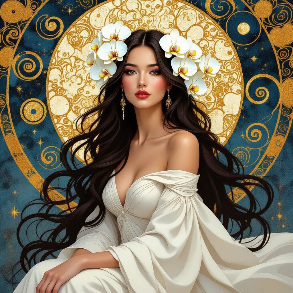 Orchid-Adorned Woman in Klimt-Inspired Ethereal Style