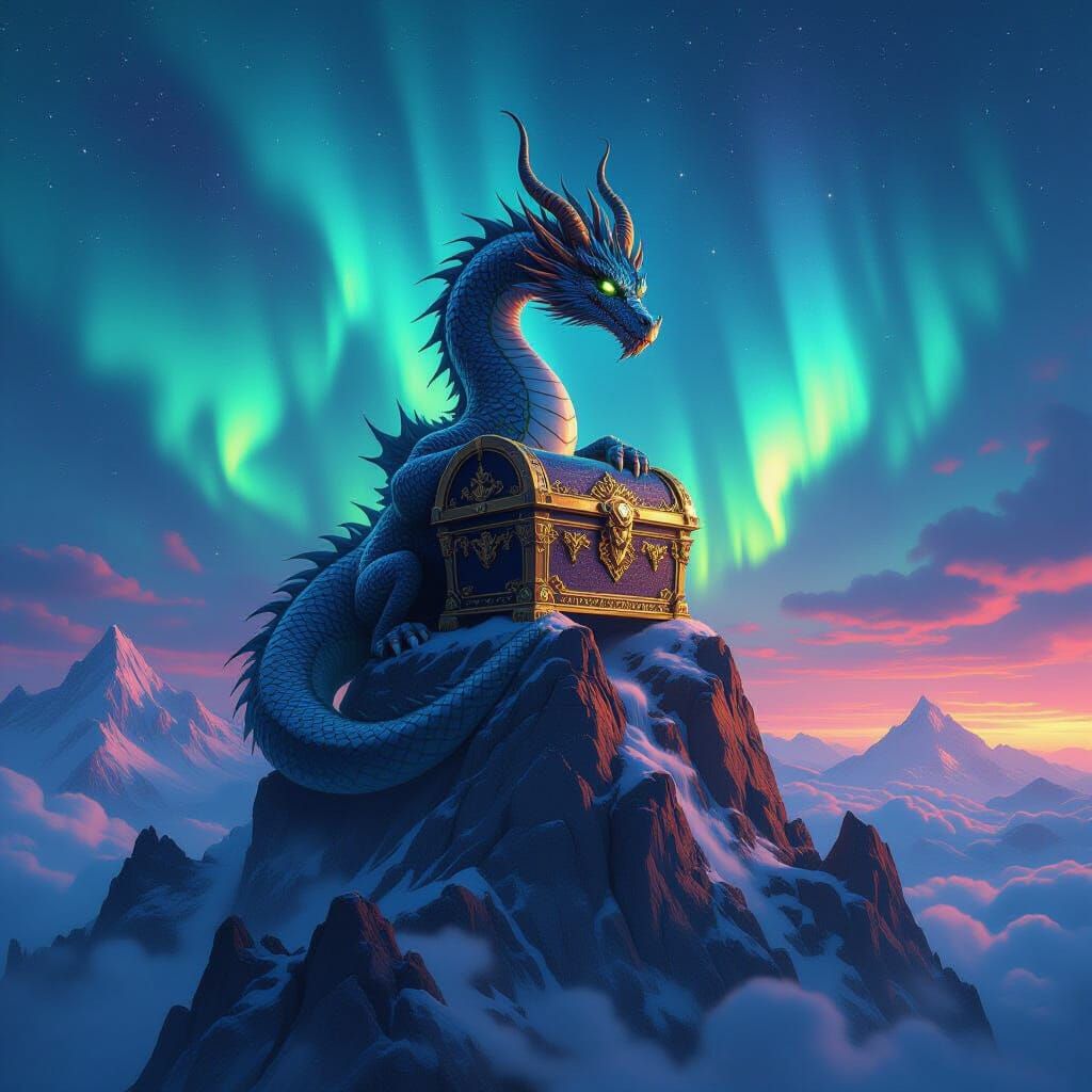 Obsidian Dragon Guarding Treasure on Mountain Peak