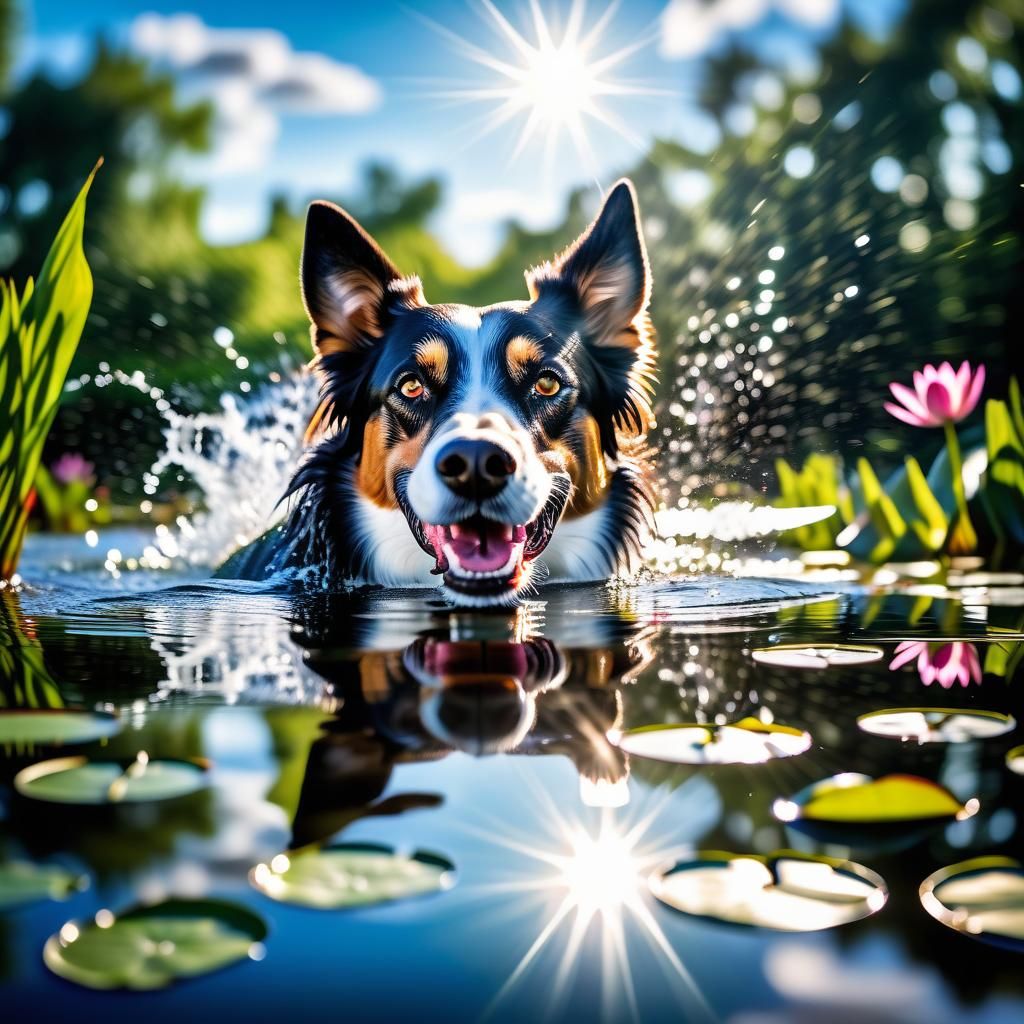 Playful Dog's Reflections in a Pond: Photorealistic Image