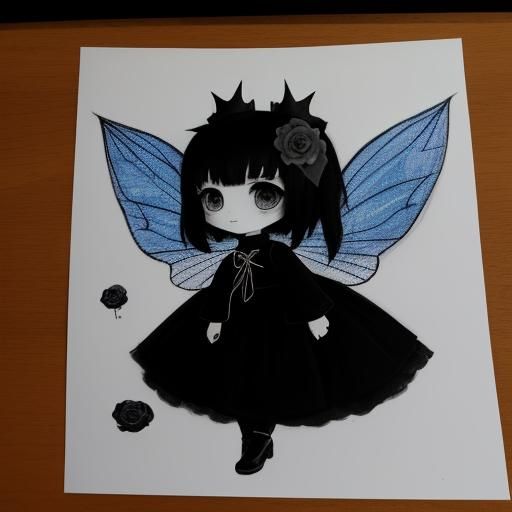 Surreal Crayon Drawing: Chibi Goth Woman in Darkness