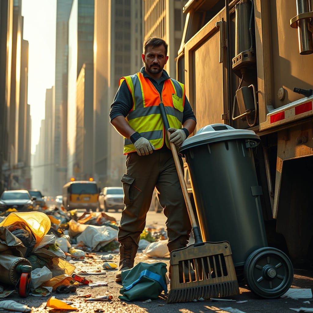 Garbage Collector in Urban Landscape - Vibrant Colors