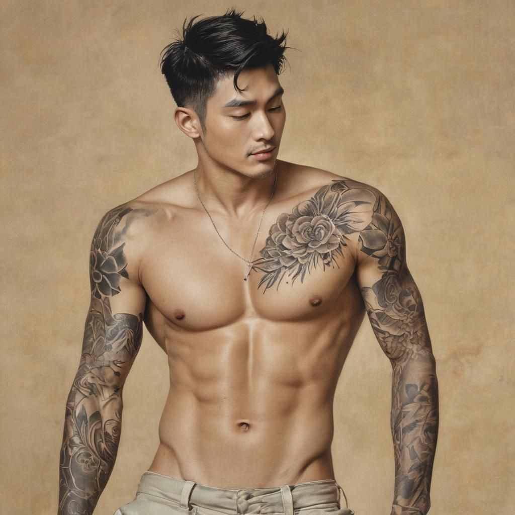 Elegant Ink Illustration of Tattooed Man in Draper Style