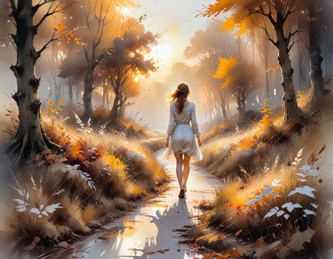 Autumn Path Sunset in Watercolor Style