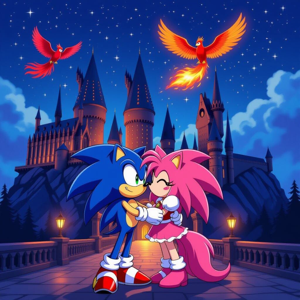 Sonic and Amy Kissing at Hogwarts in Anime Style