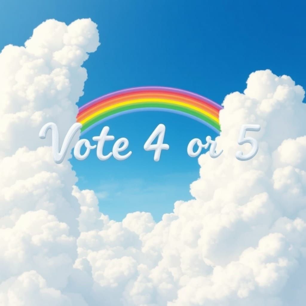 Dreamy Cloudscape with Rainbows and Stylized Script