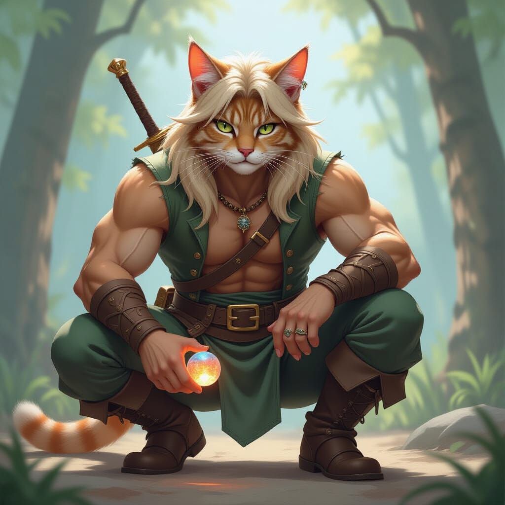 Fantasy Cat-Human Adventurer with Dagger and Orb