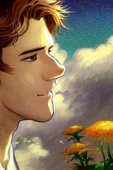 Anime Man Smiling at Butterfly in Dreamy Watercolor Style