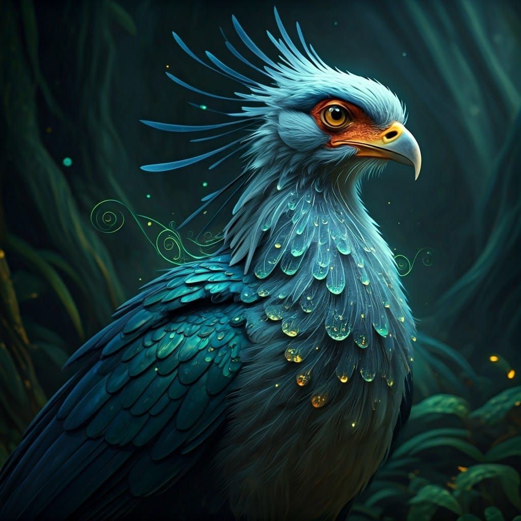 Mystical Secretary Bird in Ethereal Blues and Greens
