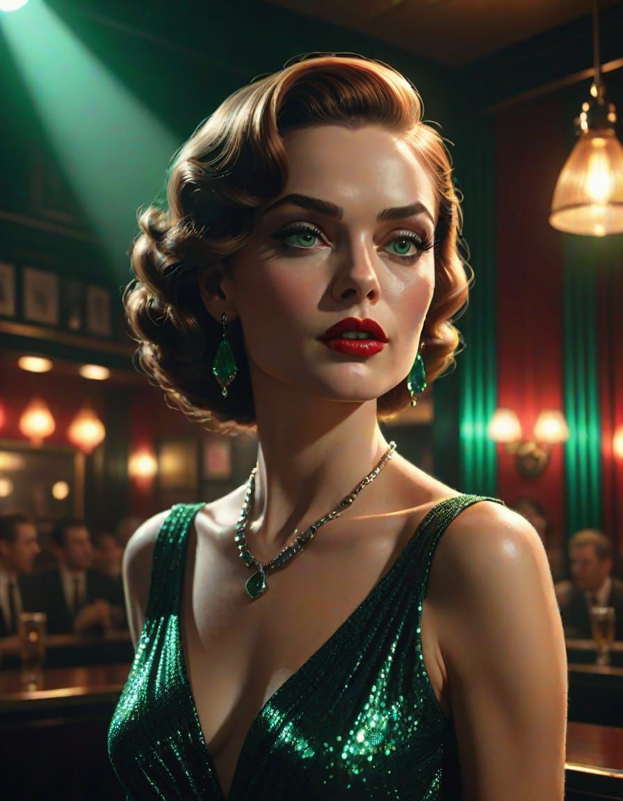 Film Noir Woman with Emerald Eyes in Jazz Club