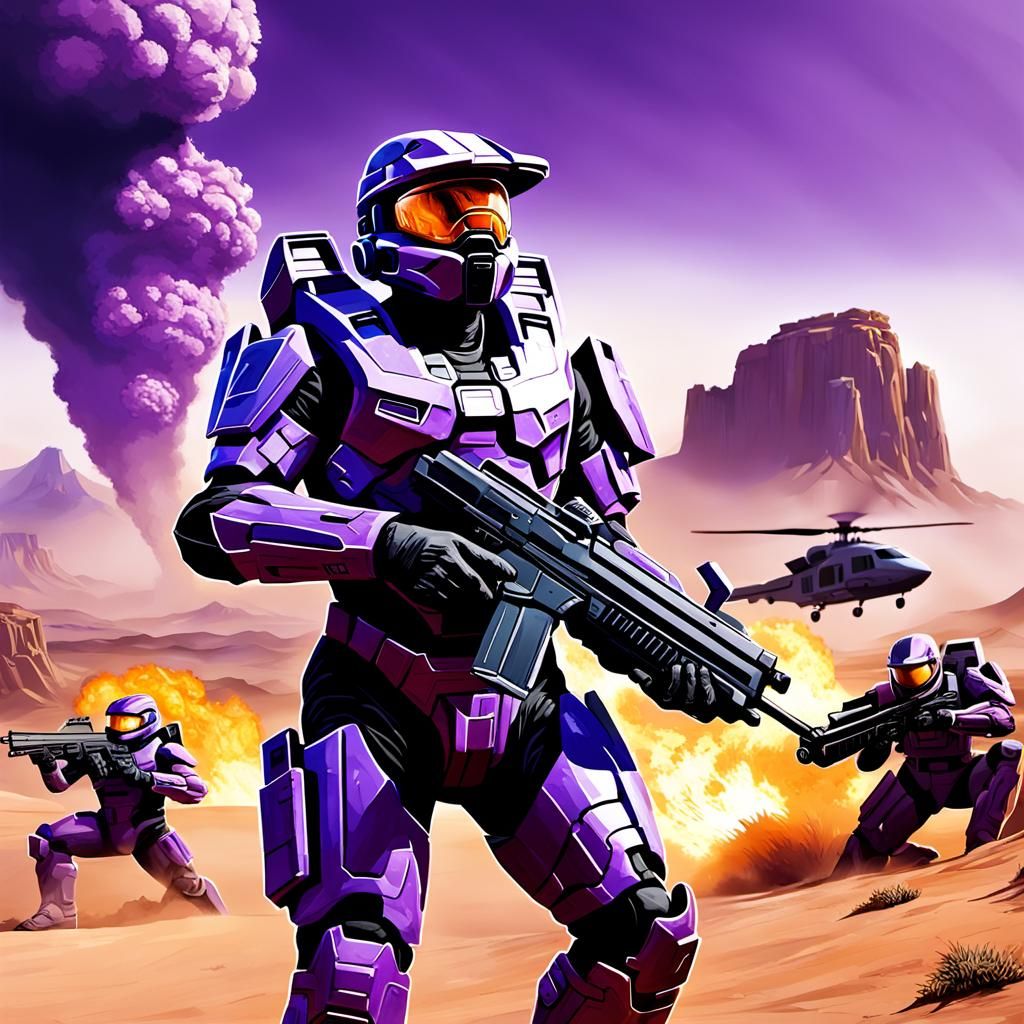 Make Master chief in purple from Halo holding an Assault Rifle. He stands in the desert. In the back are explosions and ...