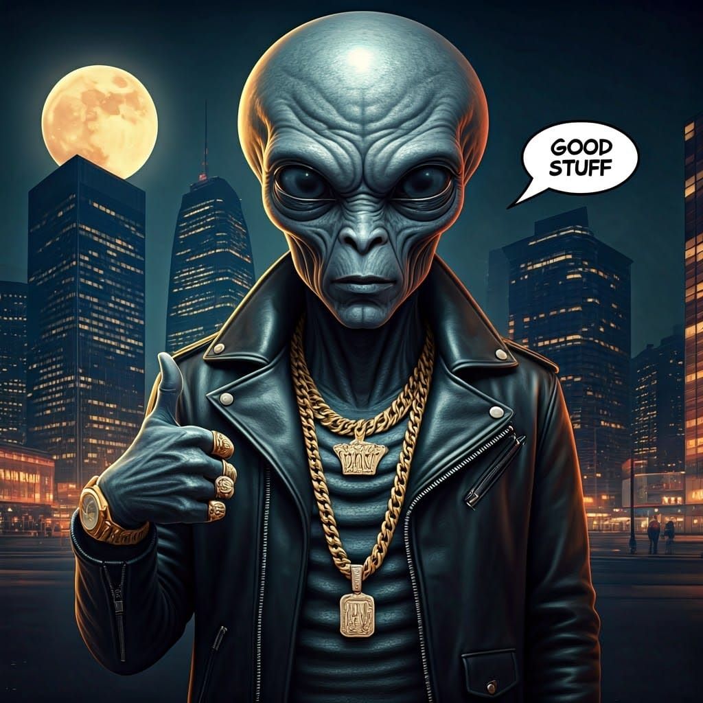 Cyberpunk Cityscape with Alien in Leather Jacket