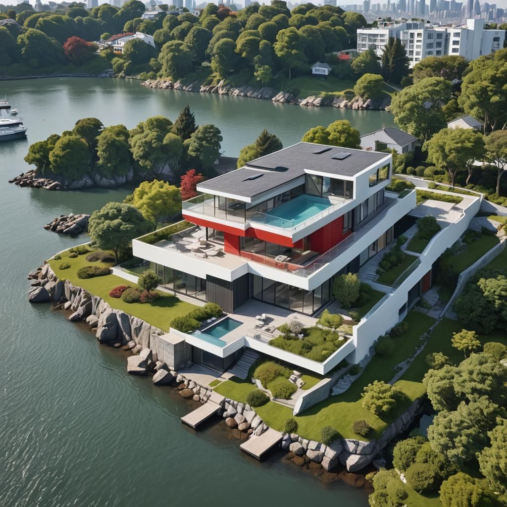 Modern House with City View, 3D Render