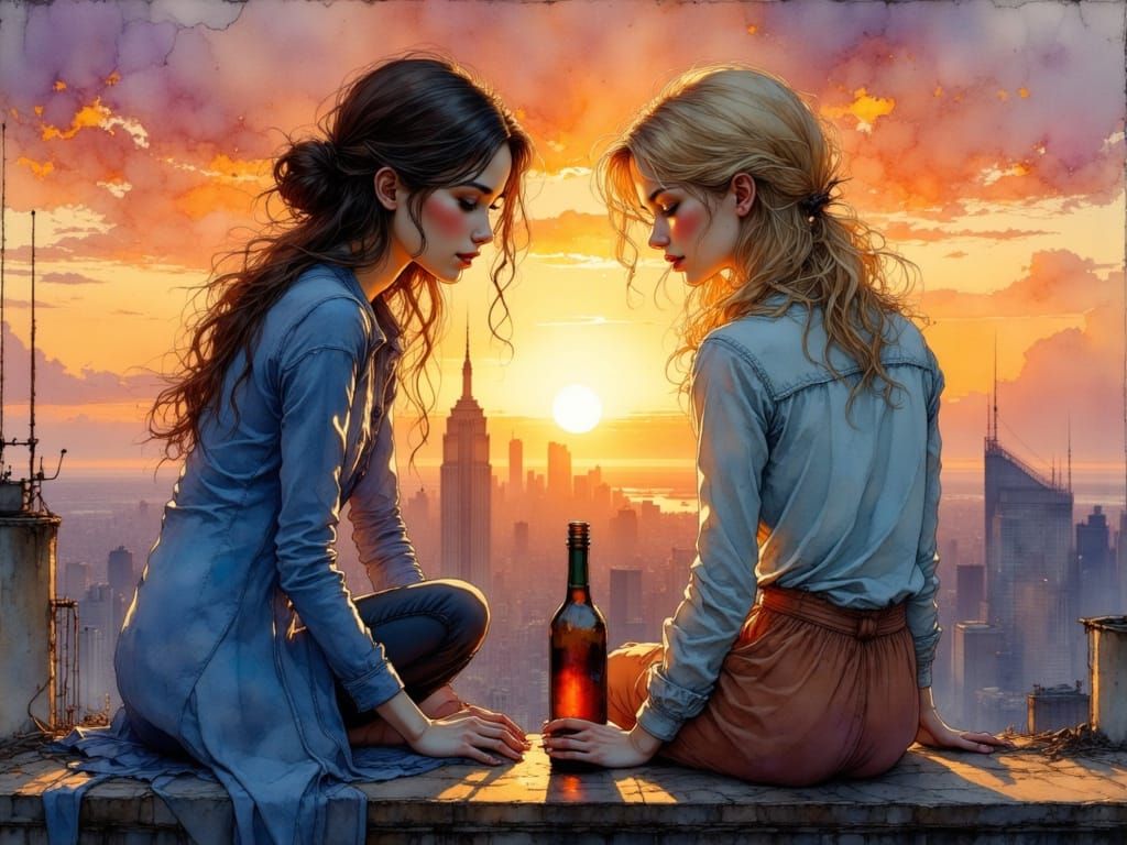 Sitting on the rooftop with a bottle of wine