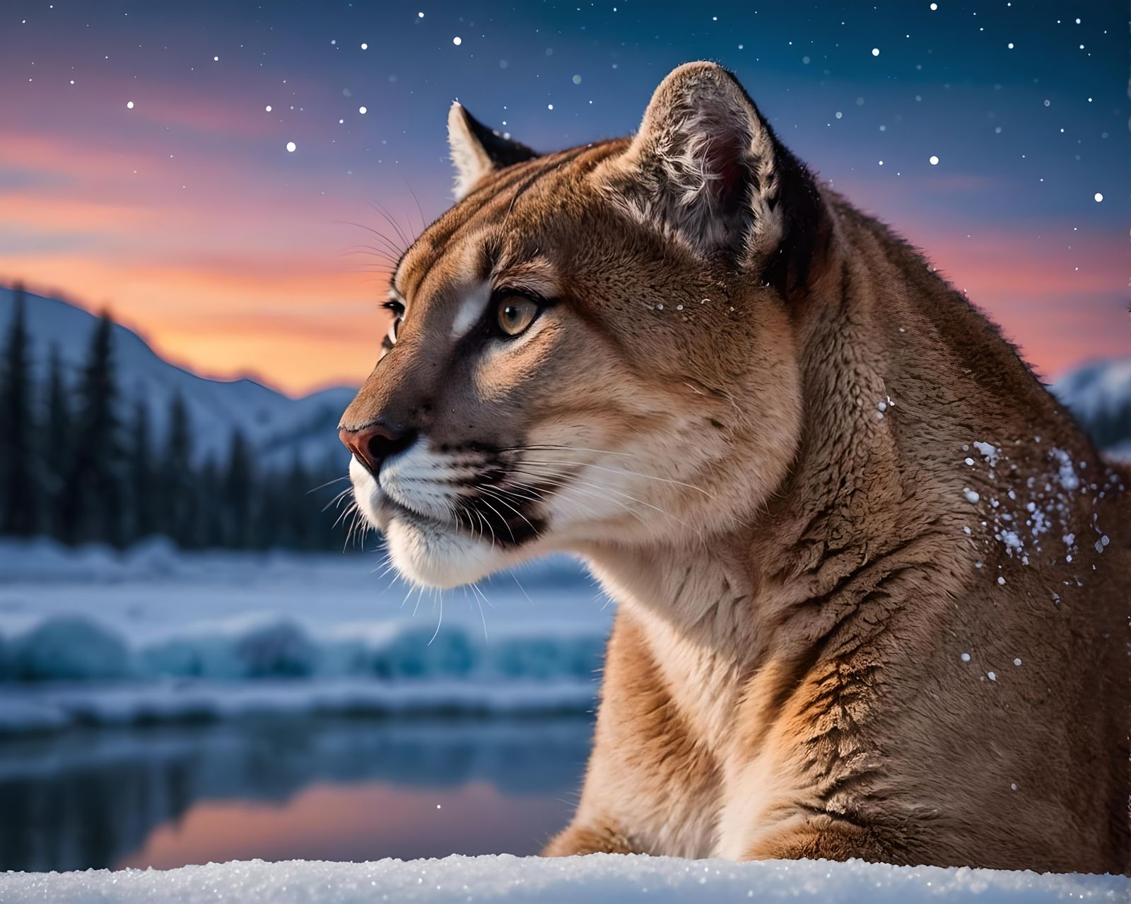Baby Cougar Gazing at Stars in Snowy Landscape