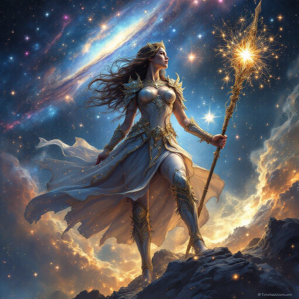 Warrior Woman on Cosmic Nebula in Hyperrealistic Style