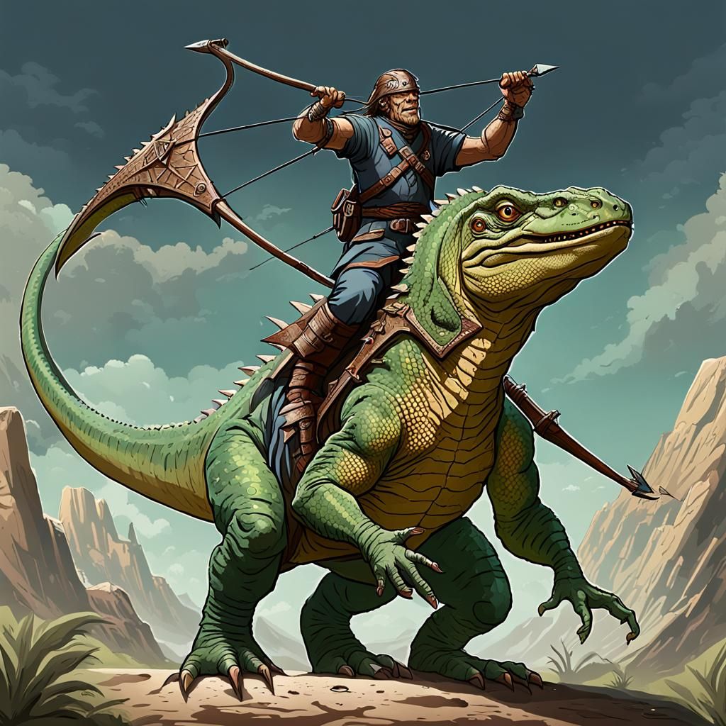 Lizard-Man Riding Hadrosaur in Pathfinder Style