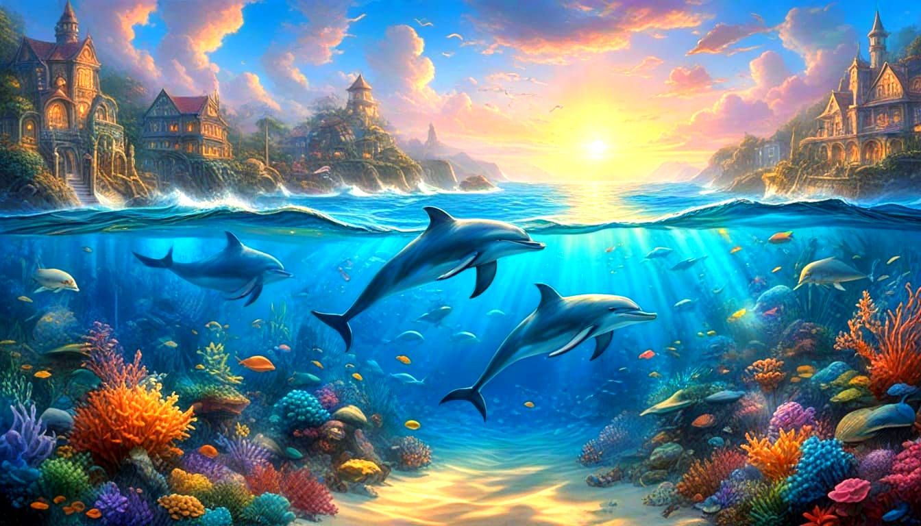 Ethereal Fantasy Scene of Glass Dolphins in a Vibrant Deep S...